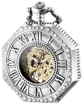 BOSHIYA Herren Taschenuhr Mechanische Leuchtende Vintage Steampunk Skelett Halbjäger Handaufzug Mechanische Taschenuhr mit Kette für Herren