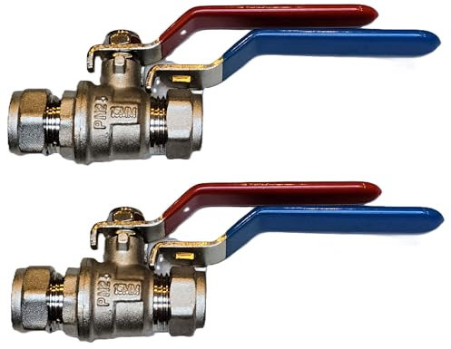 TC Pack of 2 x 15mm Lever Ball Valve Full Bore Compression Isolation Valve Red/Blue Dual Handle Shut Off Isolating Valve Full Flow - WRAS Approved