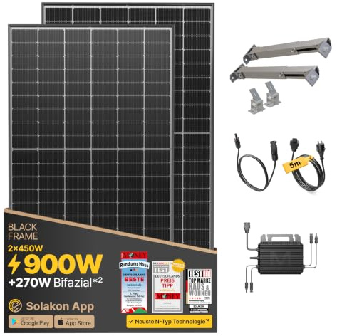 Solakon 900W Balkonkraftwerk mit Halterung (Wand) - Balkonkraftwerk 800W komplett Steckdose - 800 Watt Wechselrichter - Solaranlage Komplettset - 450W bifaziale Solarmodule inkl. Zubehör - 5m Kabel