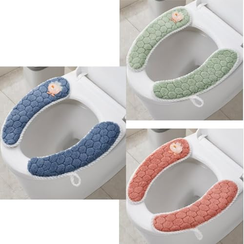3 pares de fundas acolchadas para asiento de inodoro de felpa cálidas gruesas, alfombrilla antideslizante suave, cojín para asiento de inodoro lavable, calentador de baño con cinta autoadhesiva