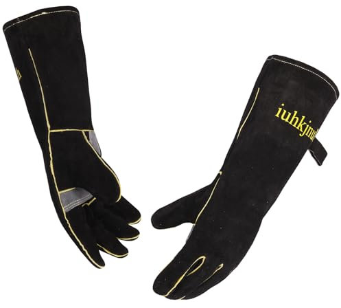 iuhkjnuh leather Welding Gloves for Women Man, Heat Resistant Fire Long Sleeve Gloves for Tig Mig Stick BBQ Fireplace Animal Handling (14in)