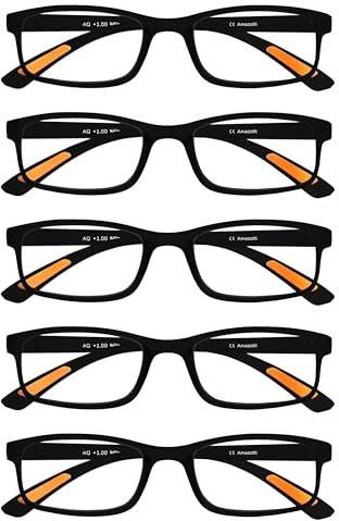 Amazotti Milano Brille mit Sehstärke - 5er Pack, sehstärke +2.00, Schwarz, Lesebrille Damen und Herren, Lesebrillen mit Anti-Rutsch-Pads, Inkl. Etui und Optiktuch, Leichtes flexibles Design