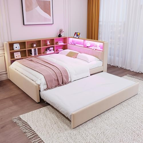 Azkoeesy Funktionsbett Schlafsofa Polsterbett mit Ausziehbett und LED-Beleuchtung, USB-Anschluss, Kopfteil und Lattenrost, viel Stauraum, Bezug aus Flanell (Beige, 140 x 200 cm)