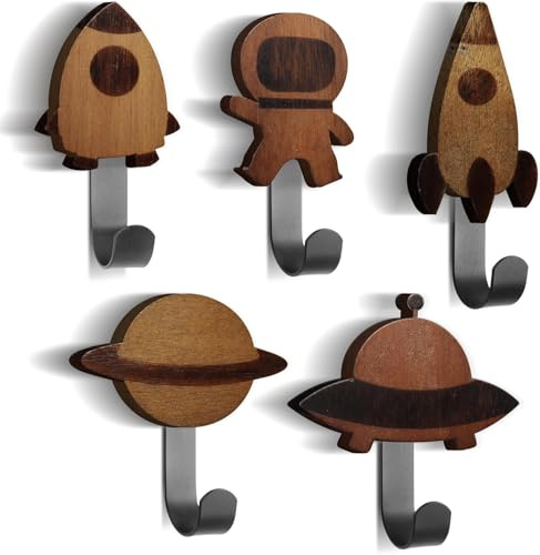 BIROYAL Kindergarderobe, Kleiderhaken für Kinder, Wandhaken aus Walnussholz Garderobenhaken, Kinder Wandaufhänger, Rakete/Astronaut/Raumschiff/Planet (inkl. 5 schwarze Metallhaken)