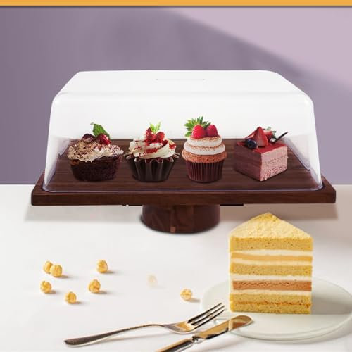 Présentoir à gâteau 3 en 1 en bois d'acacia avec couvercle en dôme et socle, plat de service rectangulaire pour planche à fromages, chips et fruits