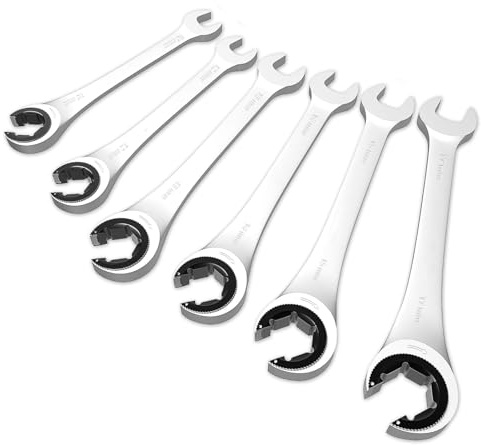 Candeon Jeu de clé plate à cliquet ouverte, 6Pcs 10-17mm Métrique Clés Mixtes à Cliquet Clés à Écrou Évasé pour conduites de frein en Acier au Chrome Vanadium pour Réparation Automobile/Domestique