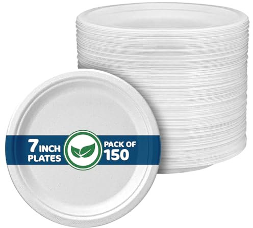 Disposable Paper Plate 7 Inch Heavy Duty Strong Bagasse Compostable Eco-Friendly Natural Sugarcane Fibers Round Plates for Hot & Cold Food Catering Birthday Dinner Party Office Picnic BBQs 50 Plates