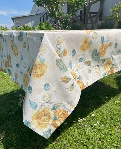 1KDreams Tovaglia da Tavola – Tovaglia Floreale – Rose Gialle e Bianche – Copritavolo Elegante – Made in Italy (Giallo, 130x240 cm)