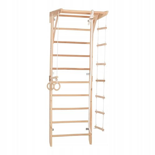Kletterwand für Kinder und Erwachsene – Klettergerüst Indoor aus Holz mit Wand-Reck, Stange, Gymnastikringen, Kletterseil, schwedischer Leiter – Kinder 2 mit kindersicherem Lack