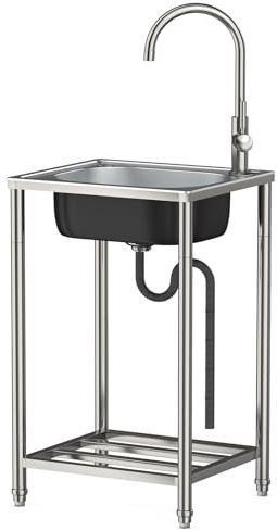 Commercial Stainless Steel Freestanding Sink Unit - Single Bowl Utility Sink with Tap for Outdoor Garden Kitchen Bar Restaurant - 50x40x82CM