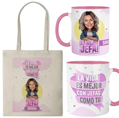 Kembilove® Set Regalo “La Mejor Jefa” – Taza Cerámica 11 oz y Bolsa de Lona Personalizadas con Nombre – Interior y Asas Rosa