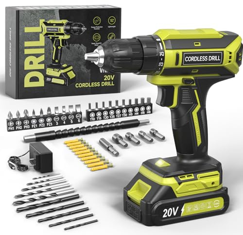 VIWKO Taladro Atornillador Batería, 20V Atornillador Electrico, 25+1 Ajuste de Par, 42Nm Taladro Inalámbrico, LED Luz, juego de Accesorios de Taladro Bateria de 56 Piezas Para Bricolaje, Verde