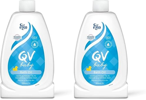 QV Baby Bath Oil, 500ml - with Vitamin E, Delicate, Water-dispersible, Everyday Use, Non-Greasy for Sensitive Skin, Suitable for Face, Body & Hair, Baby Bath Wash for Eczema, Cradle Cap, Dermatitis