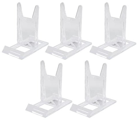 Set med 5 små DVD-böcker, genomskinliga plastställ, plaststaffli eller stativ/tallrikshållare