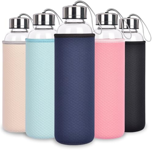 Ferexer Bouteille d'eau en verre de 1 l avec cordon de transport, 1 000 ml, en verre borosilicate anti-fuite, sans BPA pour café, thé, jus, lait, micro-ondes et lave-vaisselle, bleu