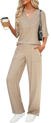 LOMON Two Piece Set Womens Loose Striped Outfit V Neck Tops Long Pants Casual Loungewear with Pockets (Stripe-Brown L)