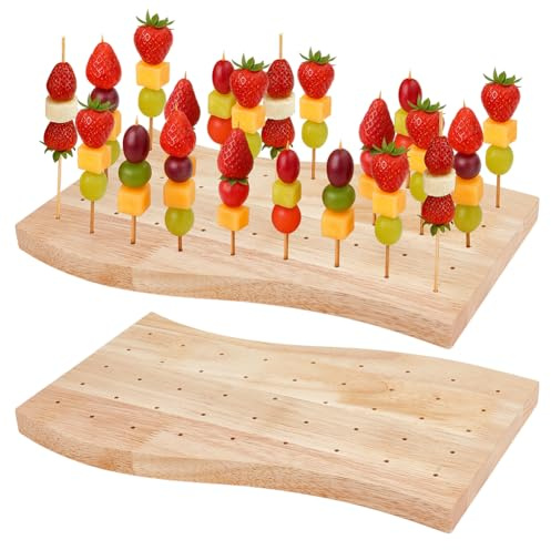 BENECREAT 2Pcs Wooden Food Skewer Holder, 30x16.7cm/11.81x6.57inch Wave Shape 45 Holes Skewer Holder Display for Birthday Parties, Barbecues, Weddings or Holiday, 18mm Thick