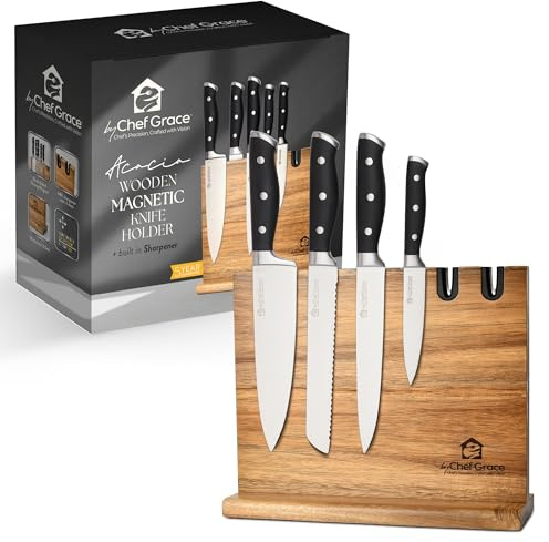 Chef Grace Acacia Wood Magnetic Knife Holder + Built in Sharpener (Knives not Included). Premium Double-Sided Magnetic Knife Holder and Storage Rack. Large Capacity and Blade Protection..