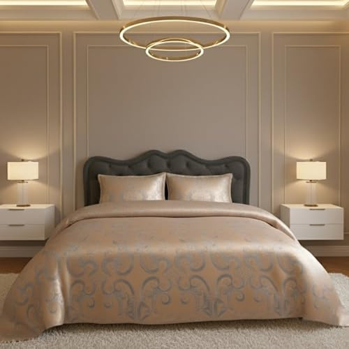 Lions Jacquard Bedding Set - Luxury Double Bed Duvet Cover Set with Matching Pillowcase, Paisley Damask Design Gold Shiny Quilt Covers, Soft Satin Bedroom Decor, 200x200cm