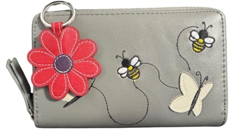 Love EMVY Geschenkset – Biene & Schmetterling bestickte Geldbörse mit Kartenfächern & Münzfach + Leder Gänseblümchen Schlüsselanhänger – Reißverschluss um Ziehharmonika Geldbörse – Geschenkbox mit