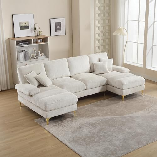 OPODEE Wohnlandschaft U-Form Chenille Sofa Groß, Modernes Couchgarnitur mit Doppel-Liege & Goldenen Metallfüßen, Design Polstermöbel für Wohnzimmer