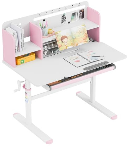 MARK ADLER Study 5.7 Kinderschreibtisch Höhenverstellbar - Schreibtisch | Lerntisch Kinder Ergonomisch - Neigbare Tischplatte - Mit Schublade Ablage und Buchstütze - für Kinder 90–160 cm - Rose