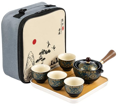 Tea Set Kung Fu Tea Set with 1 Teapot + 4 Cups+1 Tea Tray+ Portable Bag Vintage Ceramic Tea Set with 360° Rotating Design, Chinese Tea Set for Home Travel Office, Tea Making Set for Tea Lovers