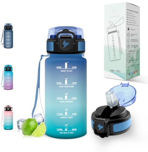 Motswedi Gourde Sport 500ml, avec Paille, Bouteille d'eau, Marqueur de Temps de Motivation, Bouteille Plastique, Anti-Fuite, pour Sport, École, Bureau, Bleu-vert