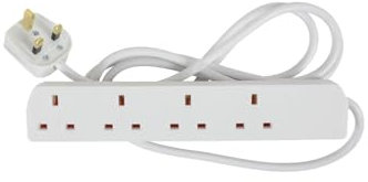 Mercury | UK 4 Gang Extension Lead, White 2.0m - BS1363/A Compliant, 13A Rating, Keyhole Slots for Wall Mounting, Compact Slimline Design, Voltage 230Vac, Ideal for Home and Office Use