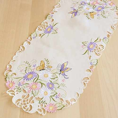 Tischläufer - oval ecru-bunt Stickerei ''Schmetterling & Blumen'' (40/90)