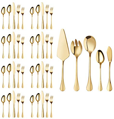 Gold Silverware Flatware Set, HF HOFTEN 45-Piece Stainless Steel Durable Cutlery Serving Set, Service for 8, Modern Elegant Design for Home/Hotel/Restaurant, Mirror Polished & Dishwasher Safe