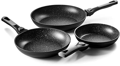 Pradel Excellence - Lot de 3 Poêles - Manches Amovibles - Intérieur Anti-Adhérent Façon Pierre - 20/24/28 cm - Aluminium Forgé - Tous Feux y compris Induction, Noir