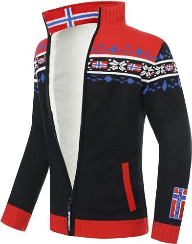 Nebulus Chaqueta de punto canadiense para hombre con cuello alto, suéter con cremallera en aspecto noruego, negro, rojo, XL