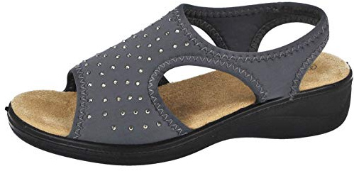 Yinka Shoes Ladies Stretch Canvas Diamante Wide Fit Lightweight Comfort Peep Toe Elastic Sling Back Flat Summer Sandals Size 3-8
