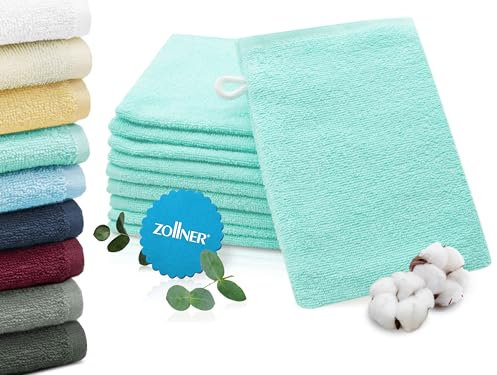 ZOLLNER 10er Set Waschhandschuhe in 16x21 cm - saugstarke und weiche Waschlappen in Mint - mit praktischem Aufhänger - waschbar bis 60°C - Baumwolle - Hotelqualität