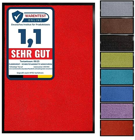 Floordirekt Schmutzfangmatte Monochrom | Fussmatte in 10 Größen & 8 Farben | Türmatte für innen & außen (135 x 200 cm, Rot)