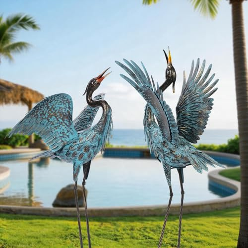 Natelf 2-Pack Metal Outdoor Blue Heron Garden Crane Statues 44.49 inch | Outdoor Large Bird Yard Art, Standing Metal Herons, Lawn Ornaments, For Home Patio Porch Backyard