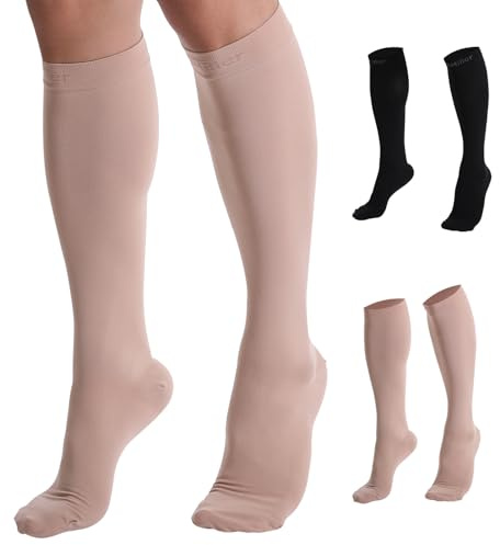 Doc Miller - Compression Socks for Women & Men - 8-15 mmHg Knee High, Medical Grade Support - Shin Splints, Sport, Travel, Nurse, Pregnancy, Circulation & Varicose Veins - X-Large Size, Beige, 1 Pair