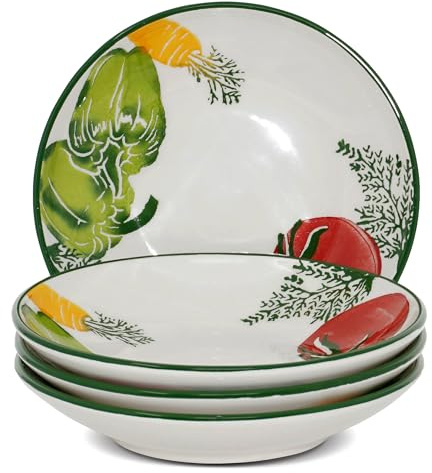 Lashuma Essteller 4er Set Keramik, Nudelteller bunt Gemüse, Servierteller rund 19 cm Ø