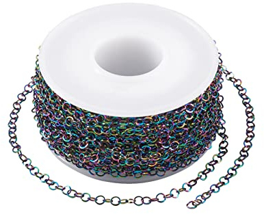 32.8 Ft Stainless Steel Rolo Chains 3mm Diameter Rainbow Soldered Flat Round Cross Link Belcher Chain Roll for Necklace Jewelry Making (Multi Color)