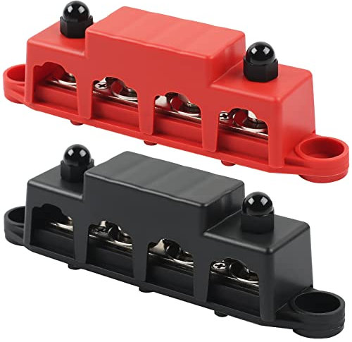 HOIIME 12 V - 48 V Bus Bar Power Distribution Block with 4 x M8 Terminal Studs, High Performance Module BUSBAR with Cover for Cars RVs Ships Yachts (Red & Black, 2 pieces)