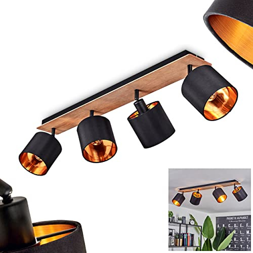 HOFSTEIN Deckenleuchte Alsen, Deckenlampe aus Metall/Holz/Stoff in Schwarz/Natur/Kupfer, verstellbare Leuchte im Vintage-Design (Ø Schirme 12 cm), 4 x E14, Esszimmer, Schlafzimmer, Wohnzimmer, Küche