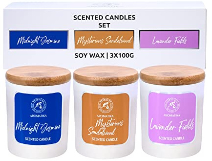 Aroma Kerze Jasmin - Sandelholz - Lavendel - Duftkerzenset 3x100g - Sojakerze für Hause - Aromatherapie mit Ätherischen Ölen - Intensiver Duft - Kerzen für Raumduft - Idee für Geburtstag - Weihnachten