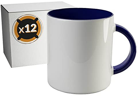 PixColor 12 weiße Keramik-Sublimationstassen mit marineblauer Innenseite | Einzelbox | 350 ml (11 oz) | Kategorie AAA | Mikrowellen- und spülmaschinenfest, kompatibel mit Cricut