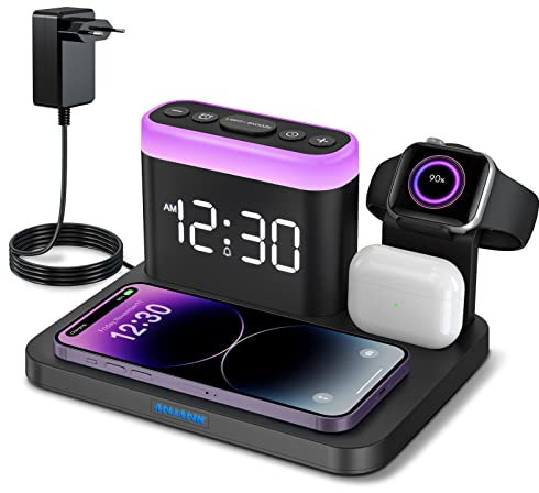 Wireless Charger Station,5 in 1 Wecker mit Kabellose Ladestation,7 Nachtlichter，Induktive Handy Ladegerät für iPhone 15/14/13/12/11/Pro/Max Samsung,Apple Watch 9/8/7/6/SE,AirPods Pro/3/2/1