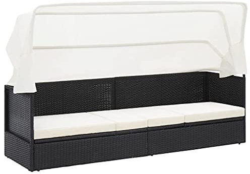 Yolola Gartensofa mit Dach und Kissen Gartensofa 3-Sitzer Rattan Sofa Balkonmöbel Lounge Sofa Outdoor Balkonsofa Sonnenliege Gartenmöbel Sonneninsel Gartenliege Lounge Gartenbank Gartenbett Schwarz#3