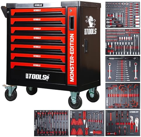 BM TOOLS Servante d'atelier 9/7 Monster-Edition-Red 7 tiroirs Pleins, 1 Porte & 1 tiroir Vertical - 257 Outils - sur roulettes
