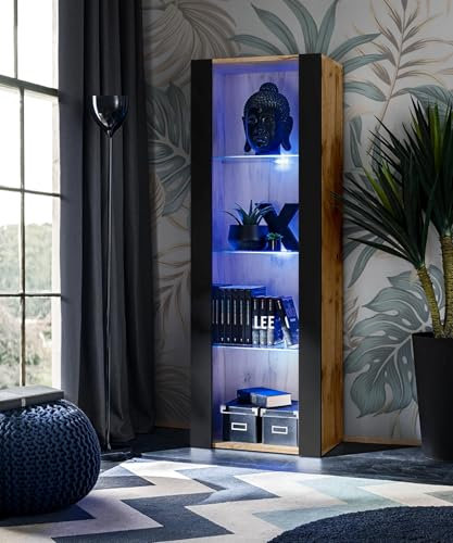 Komodee, Vitrine Schrank Tivoli, Schwarz/Wotan, Breite 55cm x Höhe 159cm x Tiefe 35cm, LED Blau, 3 Regalböden, Glassvitrine für Wohnzimmer, Schlafzimmer, Eingang