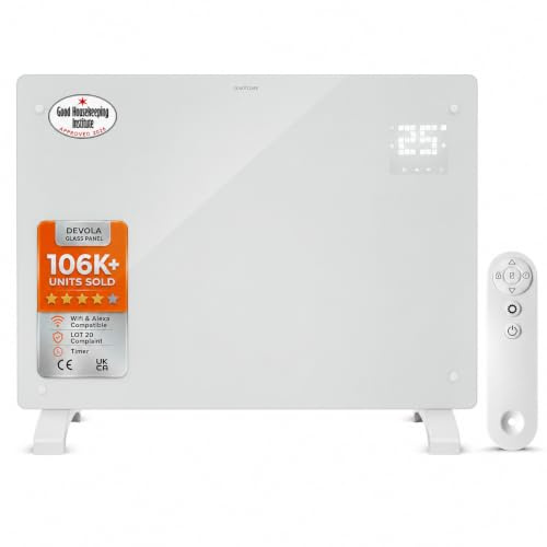 Devola 500W Smart Electric Glass Panel Heater Wall Mounted & Freestanding | Wifi Enabled, Works With Alexa & Google Home, Timer Function, LOT 20 Compliant, Energy Efficient Heater (White)