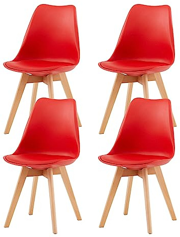 EGGREE Pack de 4 Sillas Comedor Sillas de Cocina Nórdico con Asiento Tapizado y Las piernas de Madera de Haya Maciza - Rojo